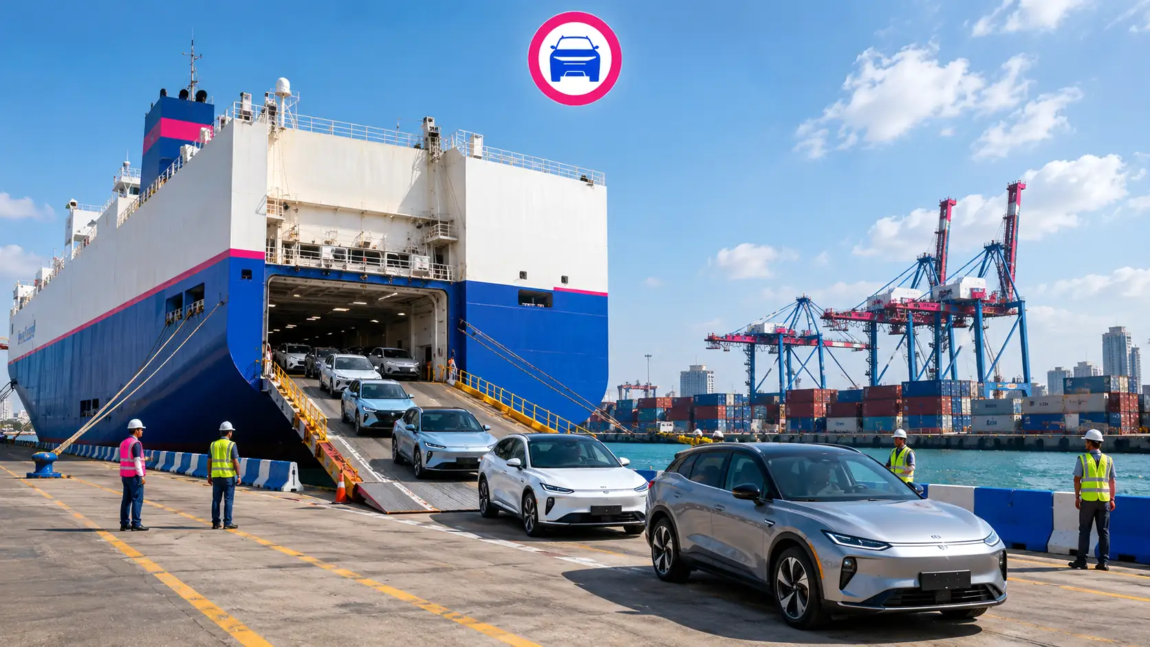 Roll-on/Roll-off vessel unloading electric cars in Pakistan